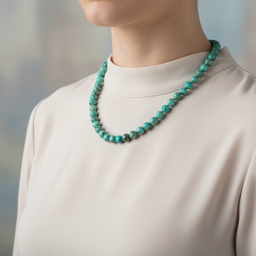 Laboratory Certified Chrysocolla 6 mm Knotted Natural Stone Necklace