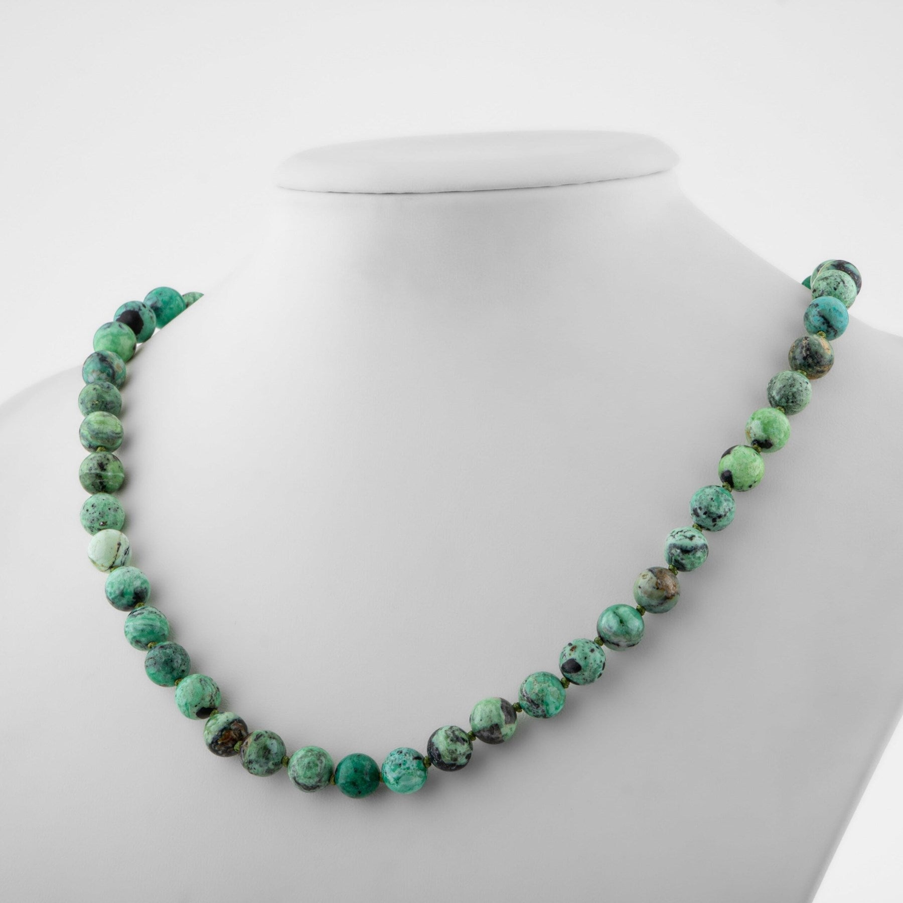 Laboratory Certified Chrysocolla 8 mm Knotted Natural Stone Necklace