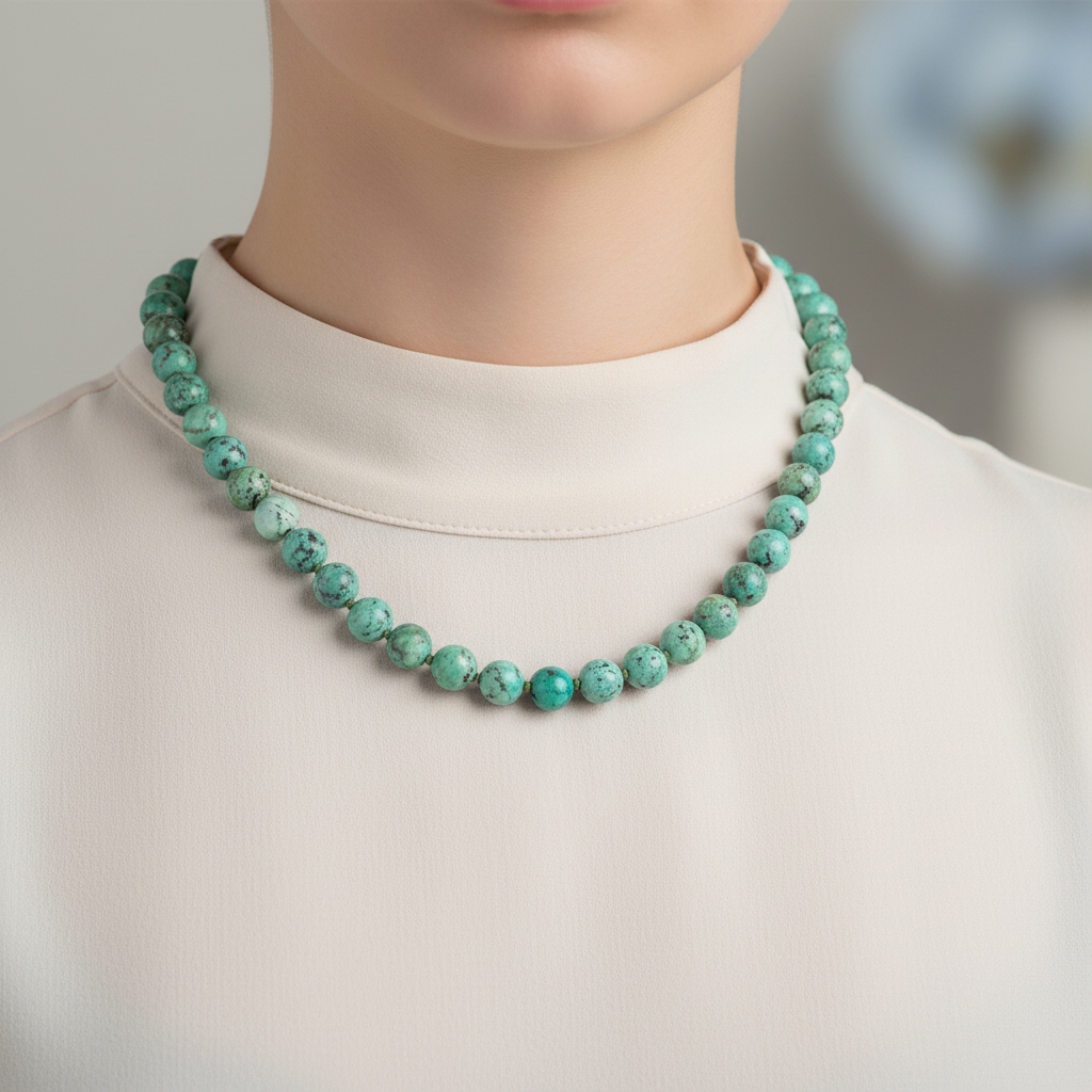 Laboratory Certified Chrysocolla 8 mm Knotted Natural Stone Necklace