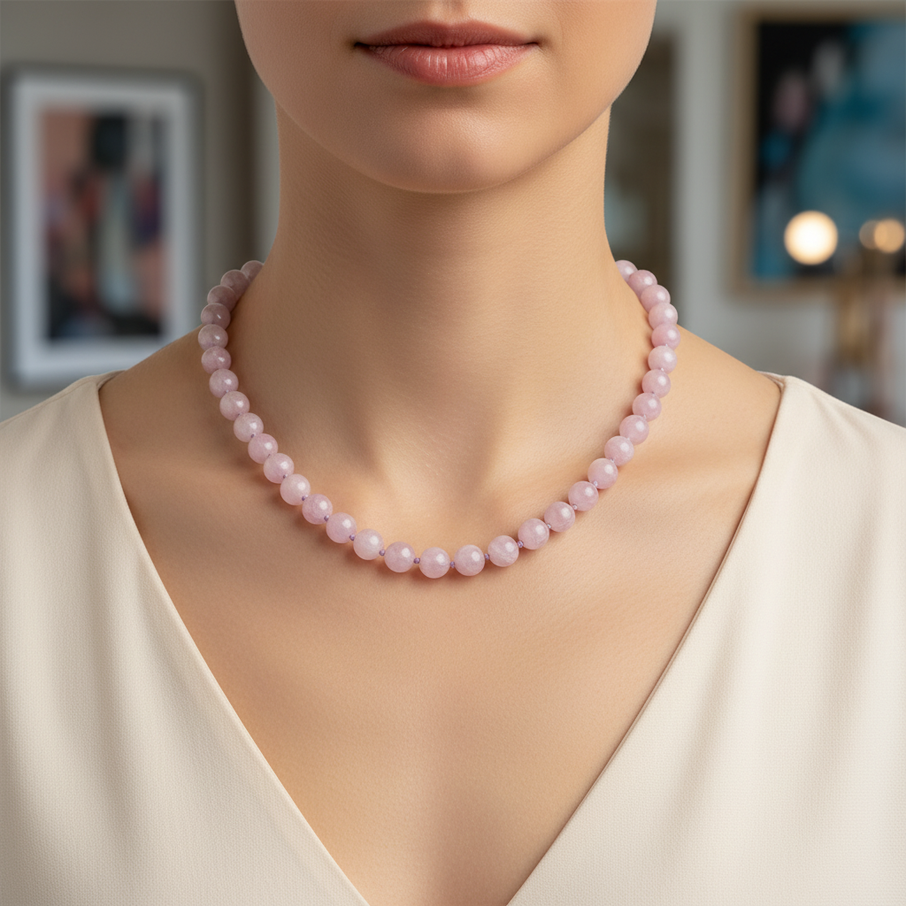 Laboratory Certified Kunzite 8 mm Knotted Natural Stone Necklace