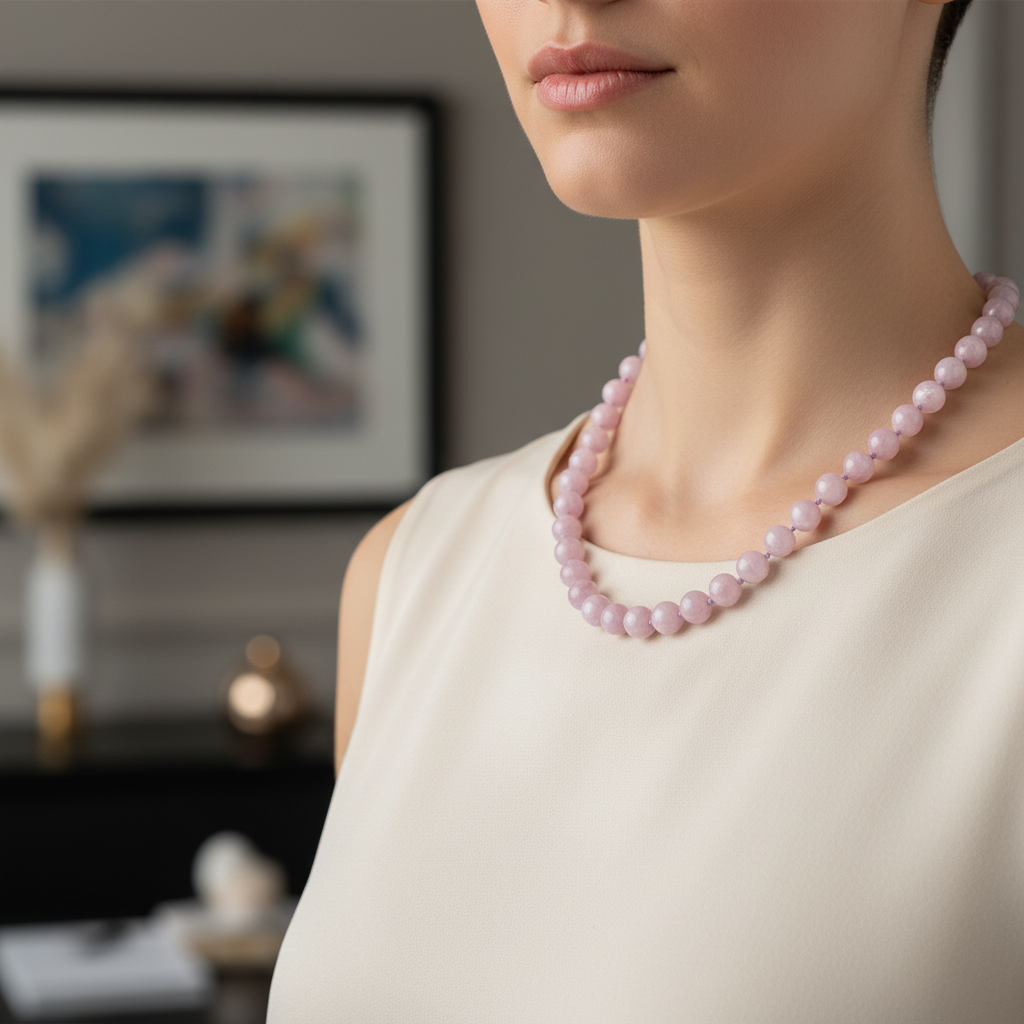 Laboratory Certified Kunzite 8 mm Knotted Natural Stone Necklace