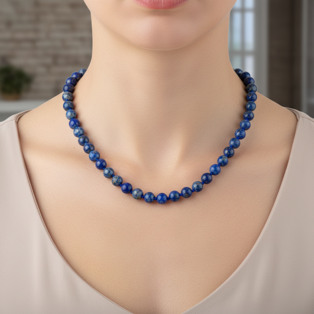 Laboratory Certified Lapis Lazuli 8 mm Knotted Natural Stone Necklace