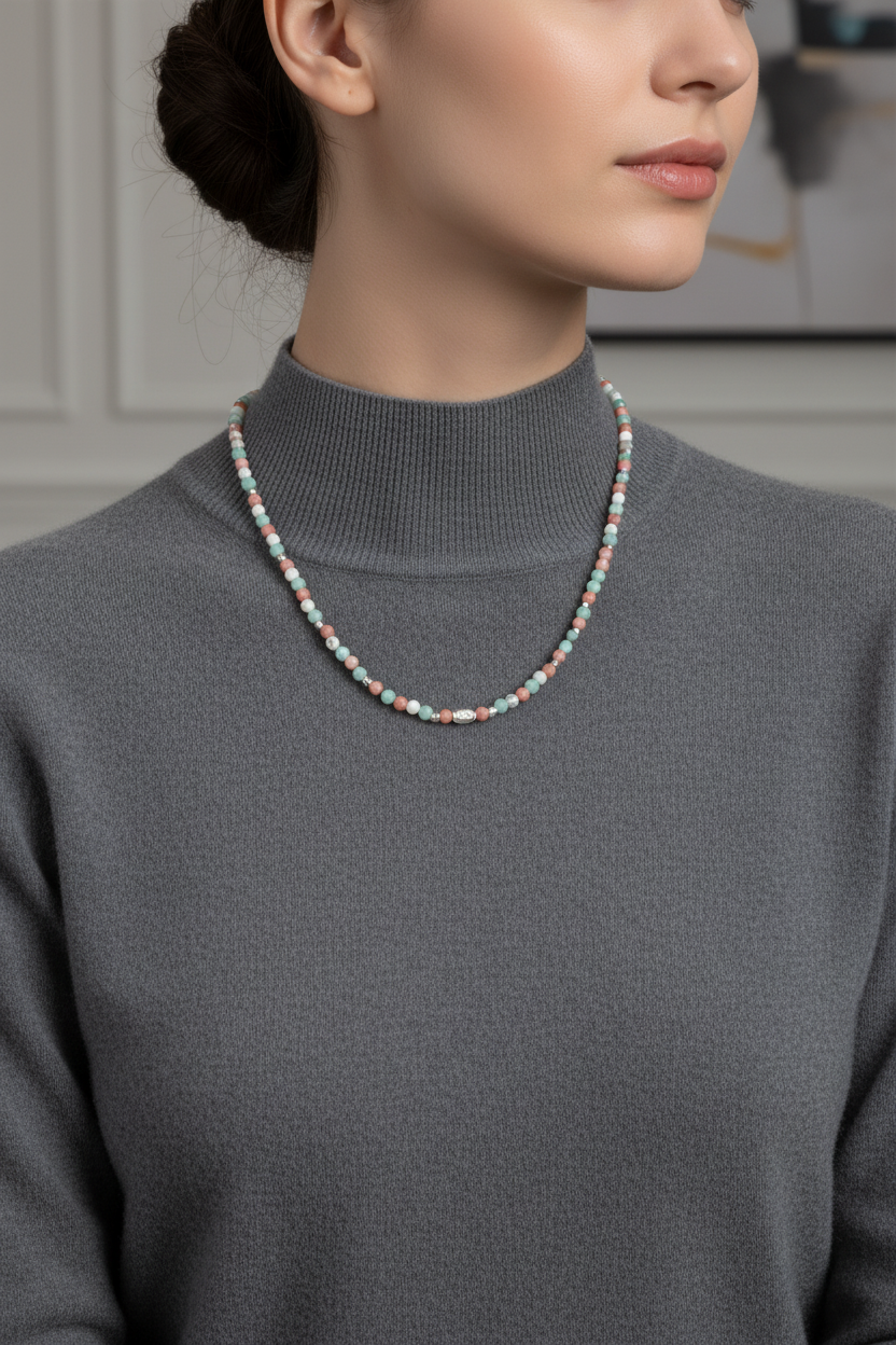 Laboratory Certified Larimar, Sunstone & Howlite Natural Stone 925 Sterling Silver Accent Necklace 4 mm