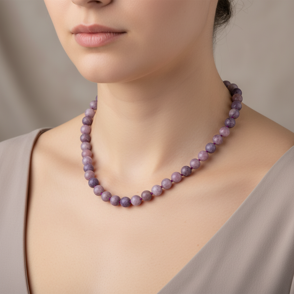 Laboratory Certified Lepidolite 8 mm Knotted Natural Stone Necklace