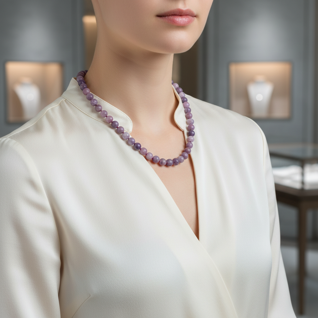 Laboratory Certified Lepidolite 8 mm Knotted Natural Stone Necklace