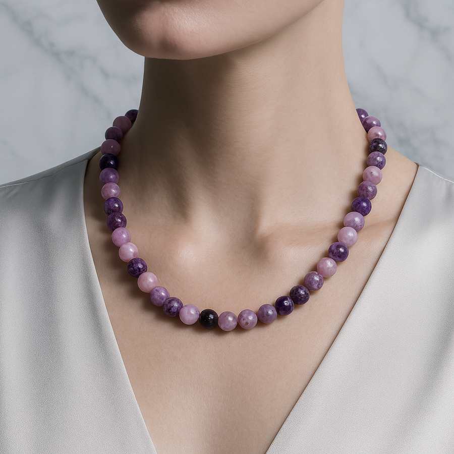 Laboratory Certified Lepidolite 8 mm Natural Stone Necklace