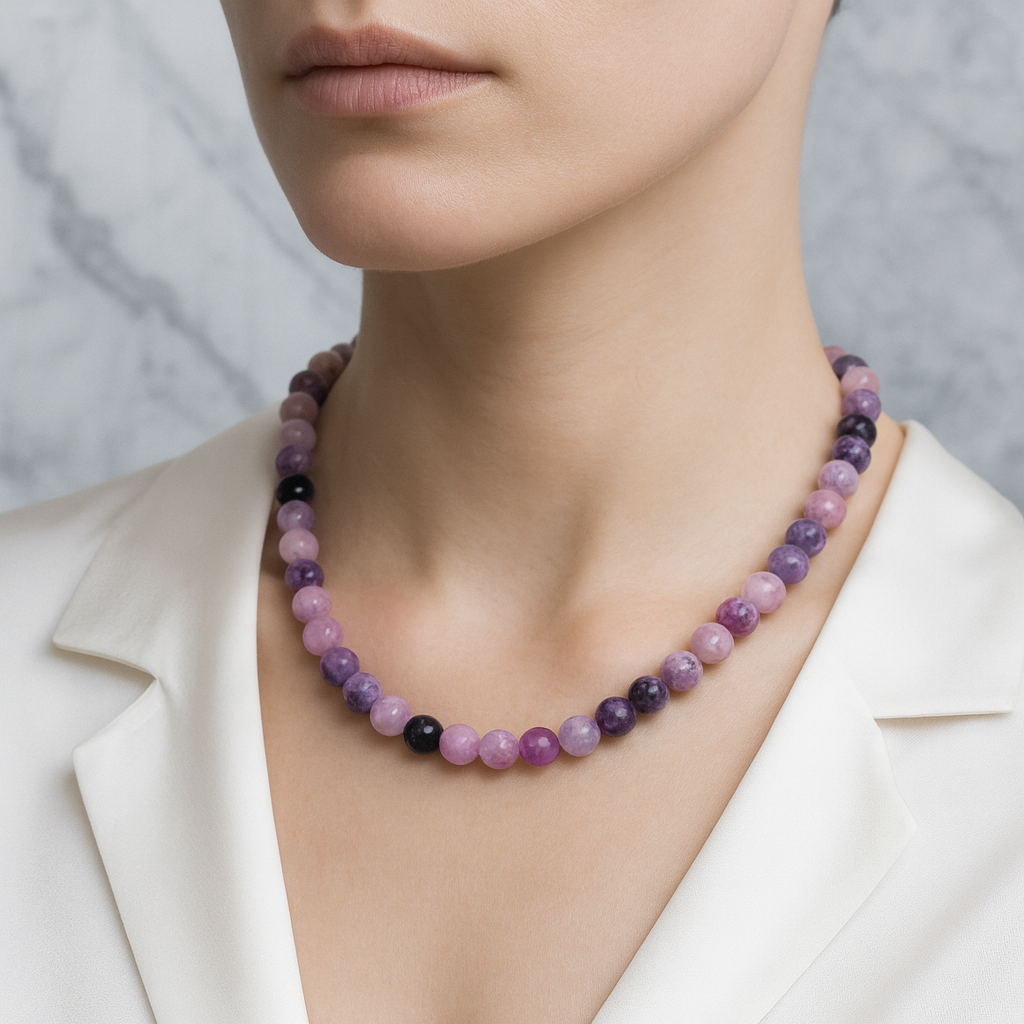Laboratory Certified Lepidolite 8 mm Natural Stone Necklace