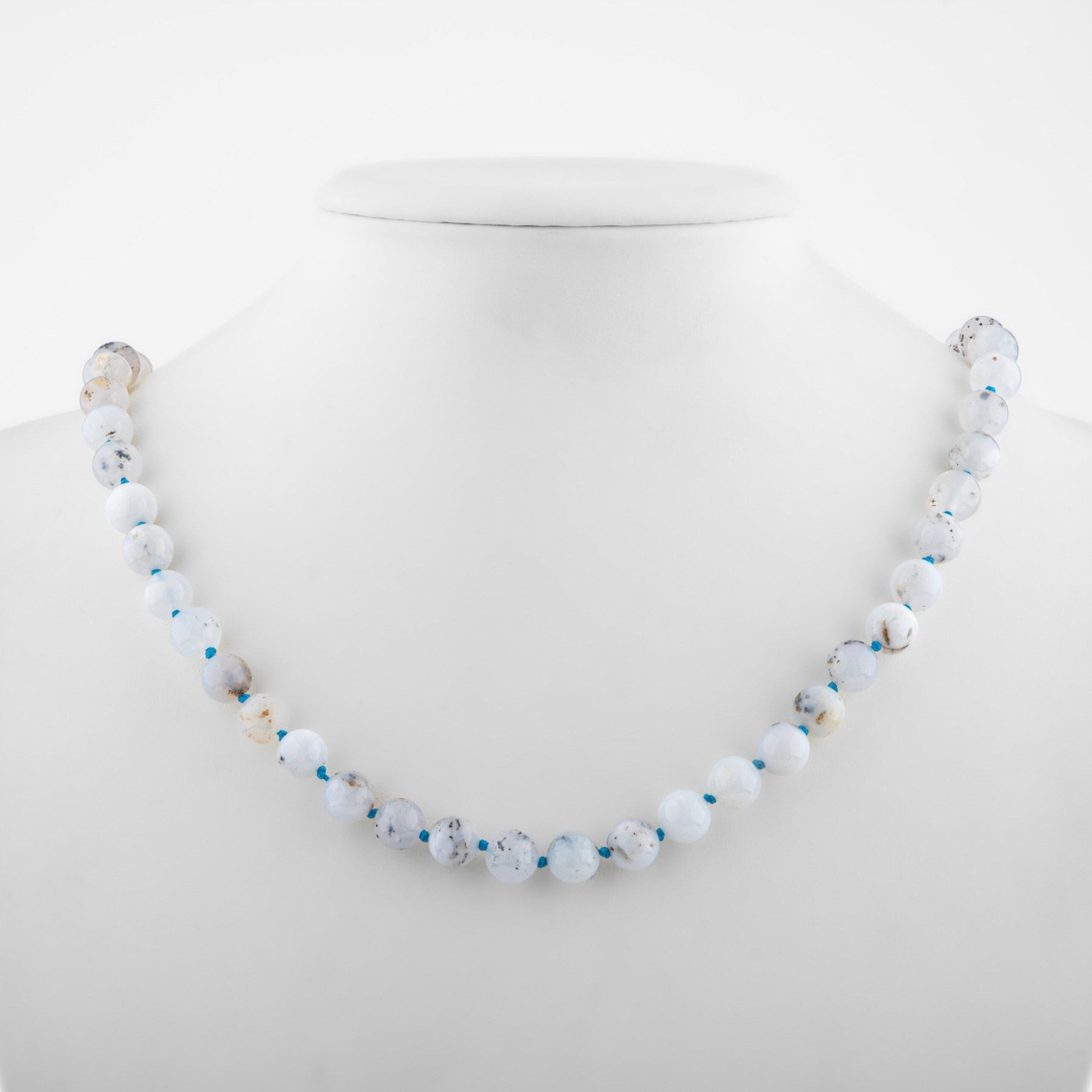 Laboratory Certified Blue Agate 8 mm Knotted Natural Stone Necklace