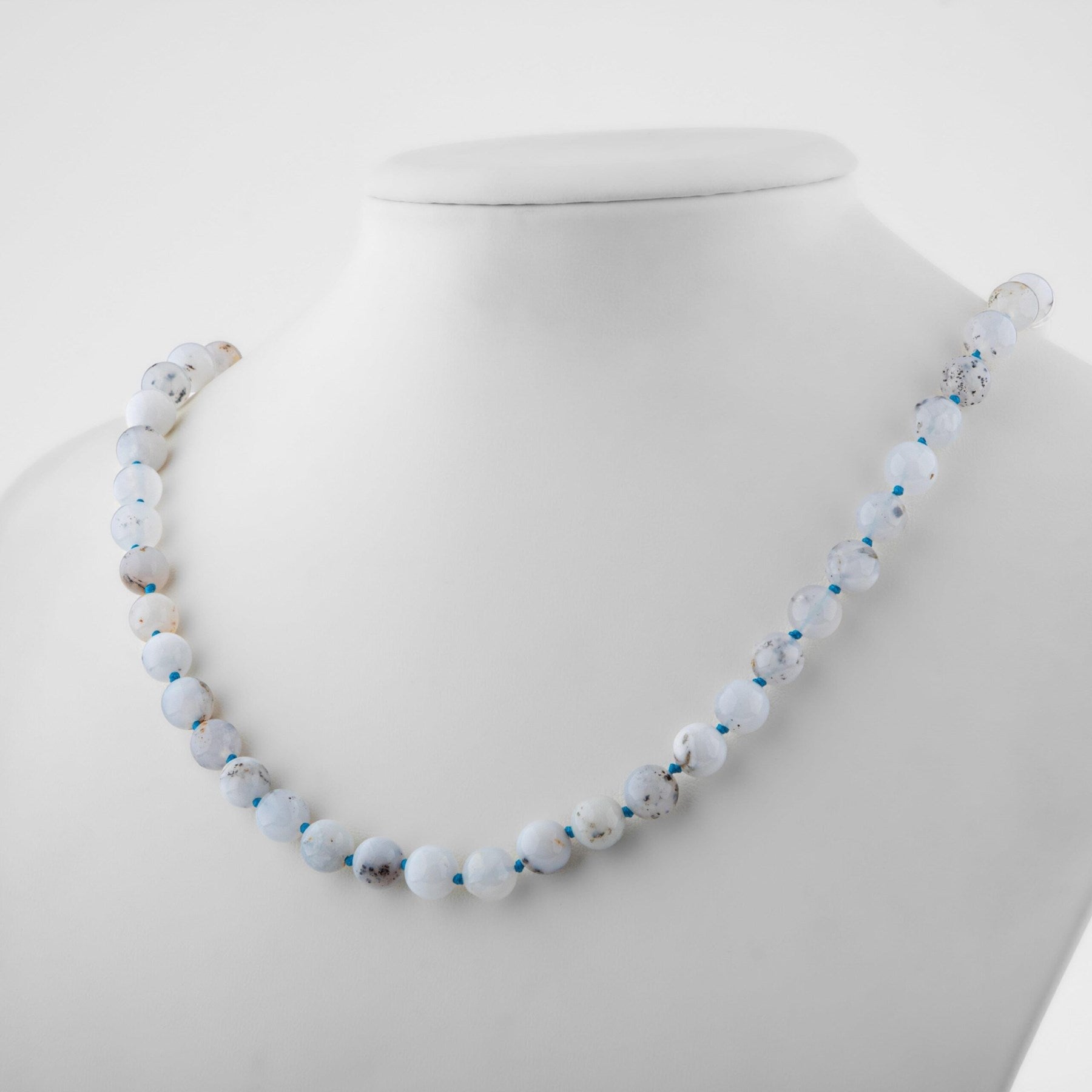 Laboratory Certified Blue Agate 8 mm Knotted Natural Stone Necklace