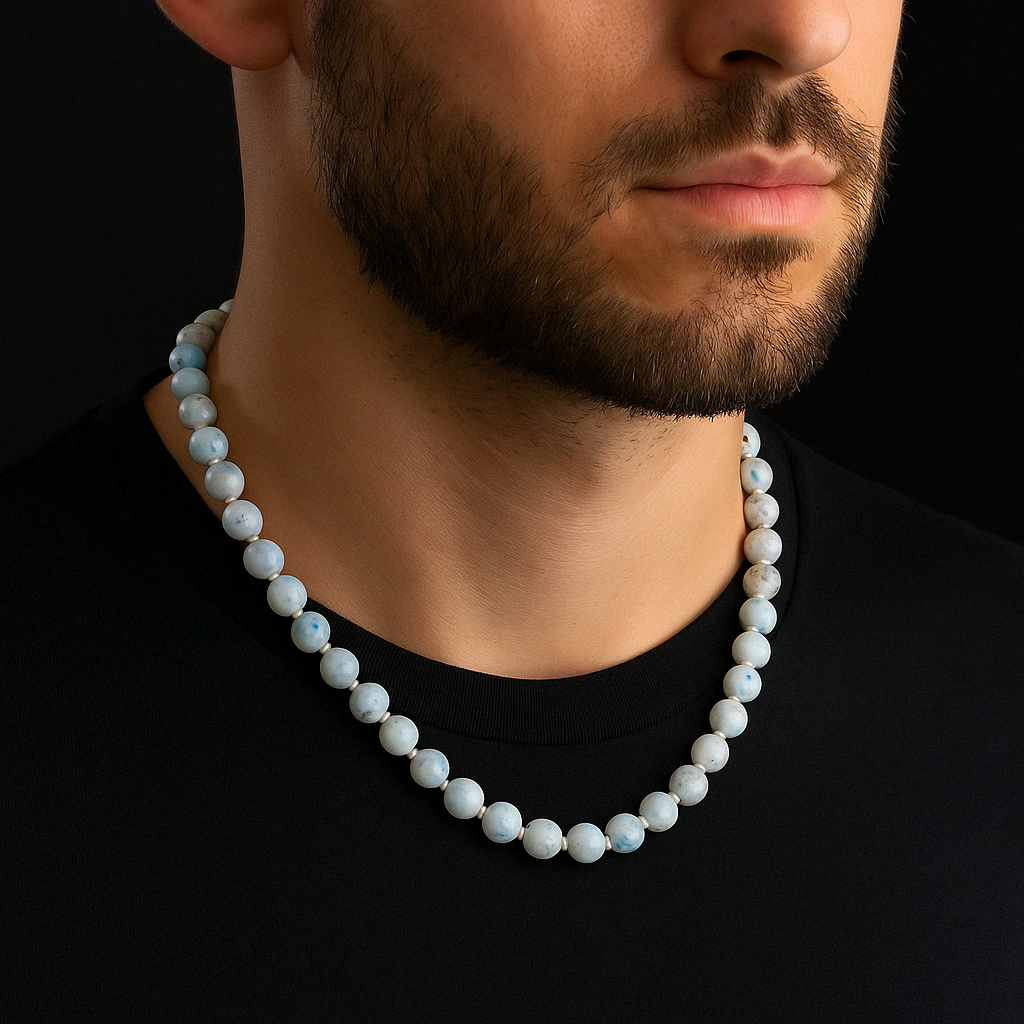 Laboratory Certified Blue Agate 8 mm Knotted Natural Stone Necklace