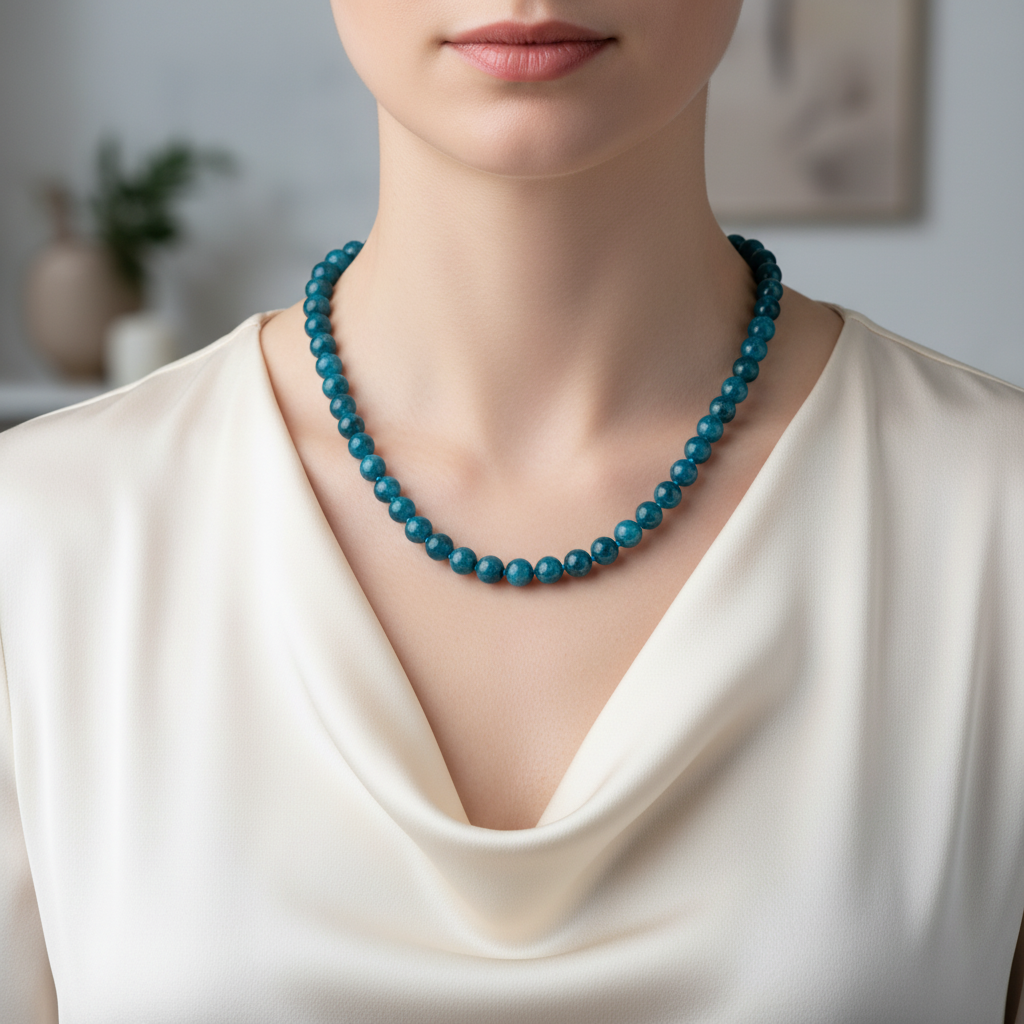 Laboratory Certified Blue Apatite 6 mm Knotted Natural Stone Necklace