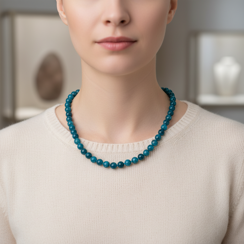 Laboratory Certified Blue Apatite 8 mm Knotted Natural Stone Necklace