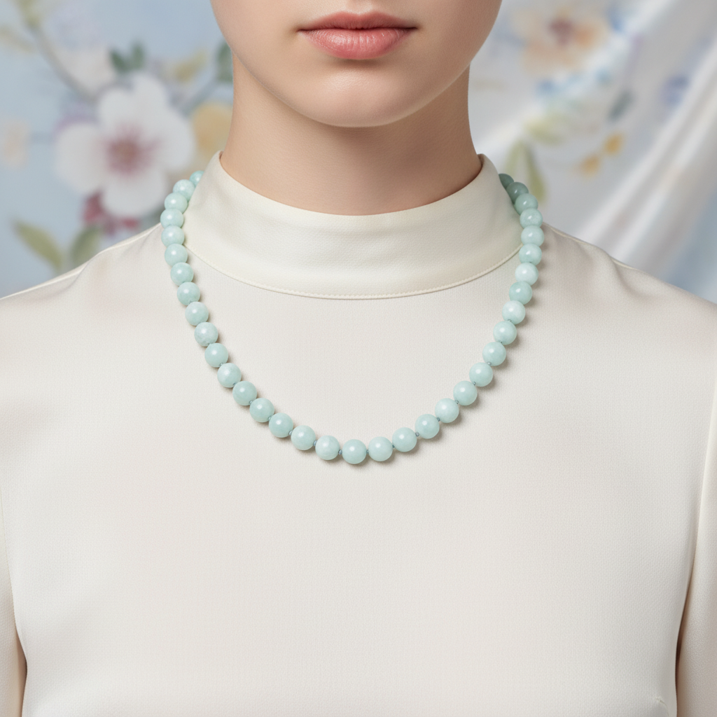 Laboratory Certified Blue Larimar (Opal) 8 mm Knotted Natural Stone Necklace