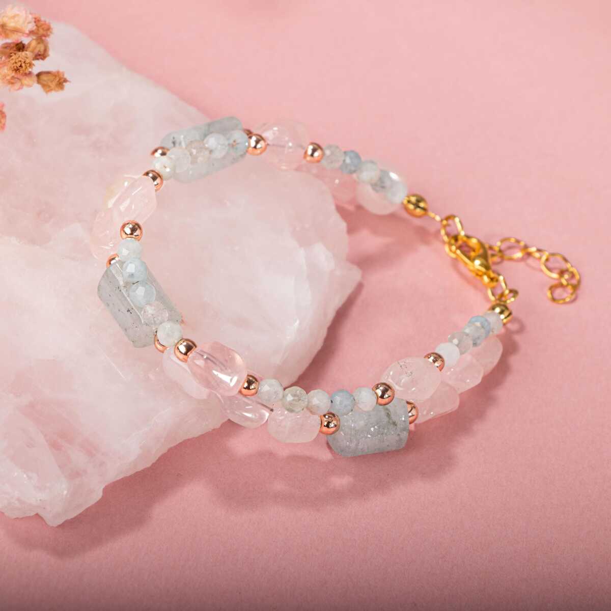 Laboratory Certified Rose Quartz & Aquamarine Natural Stone Bracelet