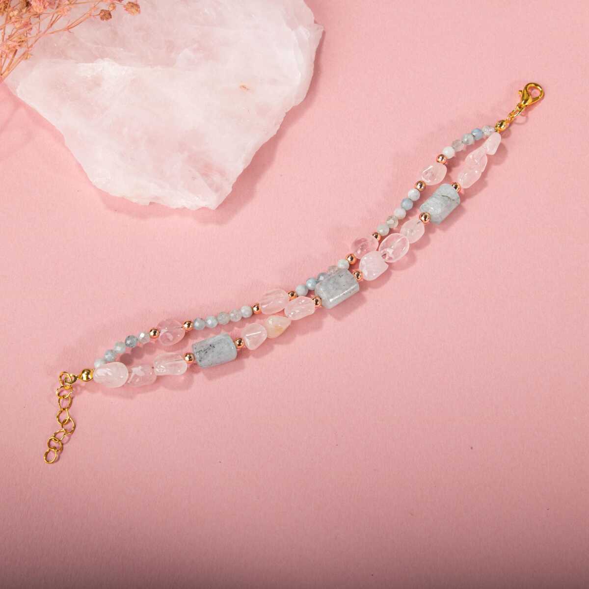 Laboratory Certified Rose Quartz & Aquamarine Natural Stone Bracelet
