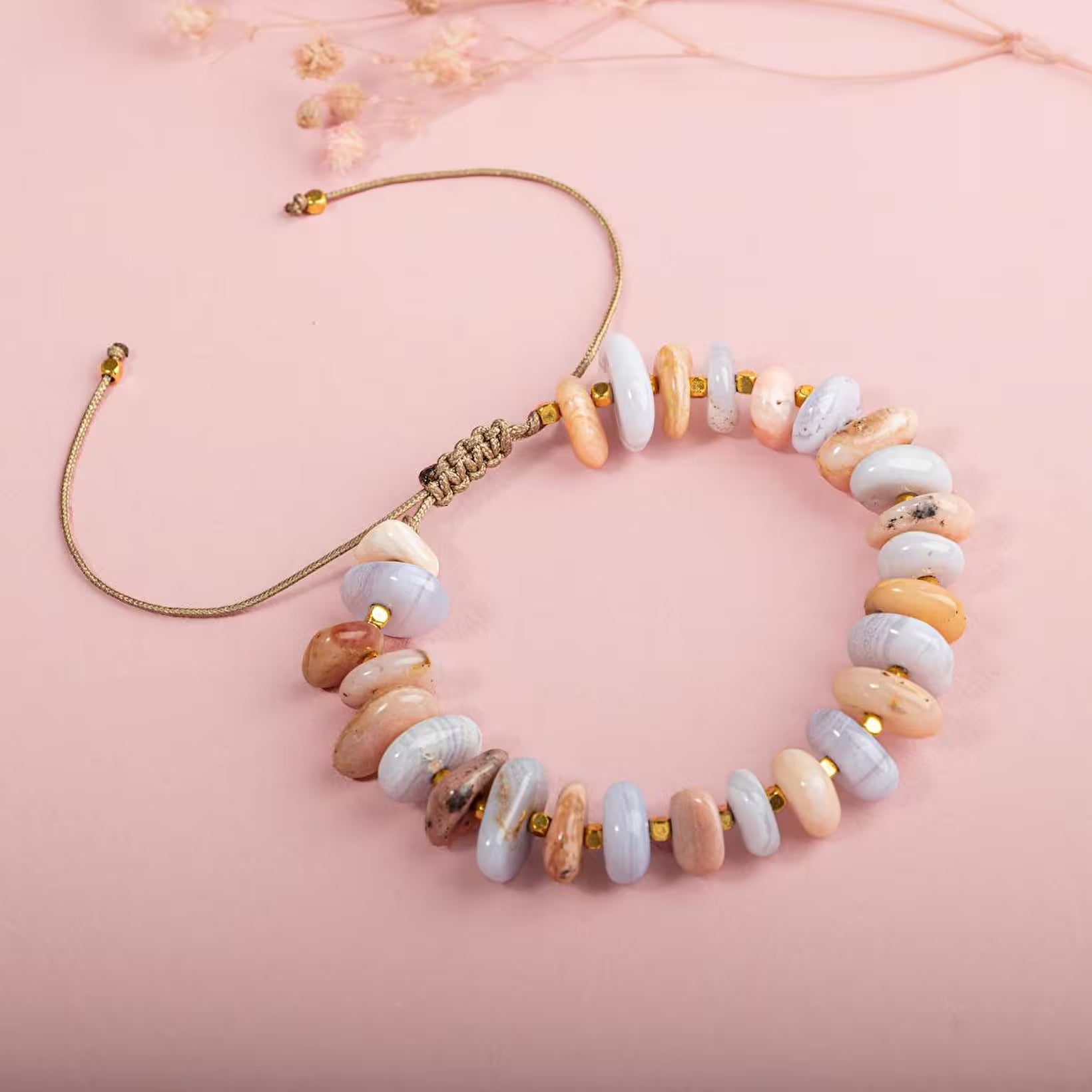 Laboratory Certified Pink Opal & Blue Agate Natural Stone Bracelet – Gold Plated