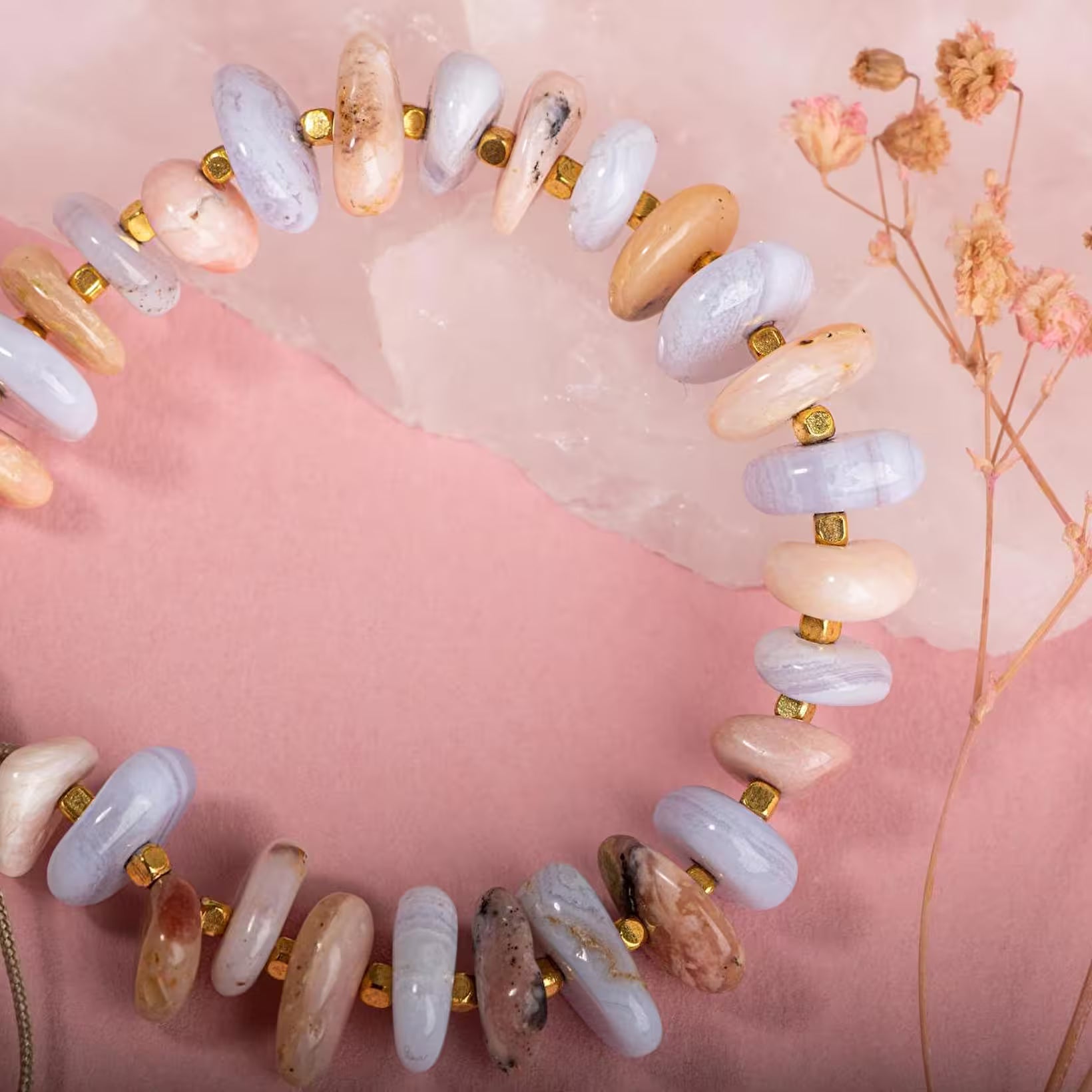 Laboratory Certified Pink Opal & Blue Agate Natural Stone Bracelet – Gold Plated