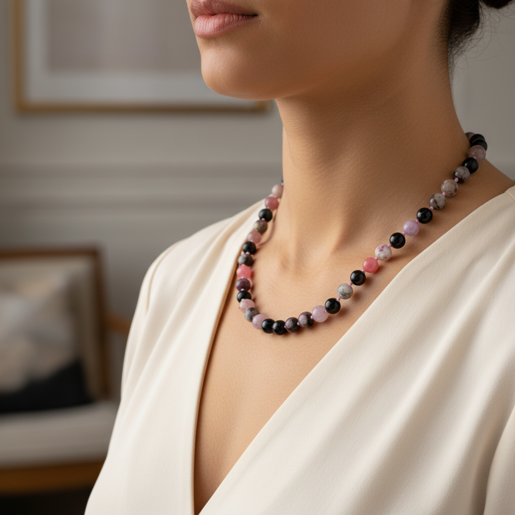 Laboratory Certified Multicolor Tourmaline 8 mm Knotted Natural Stone Necklace