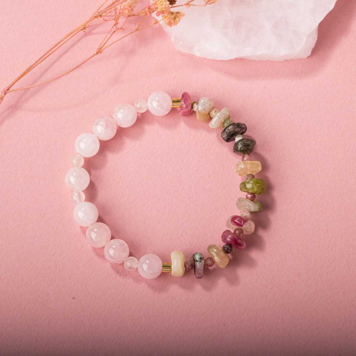 Laboratory Certified Multicolor Tourmaline & Rose Quartz Natural Stone Bracelet
