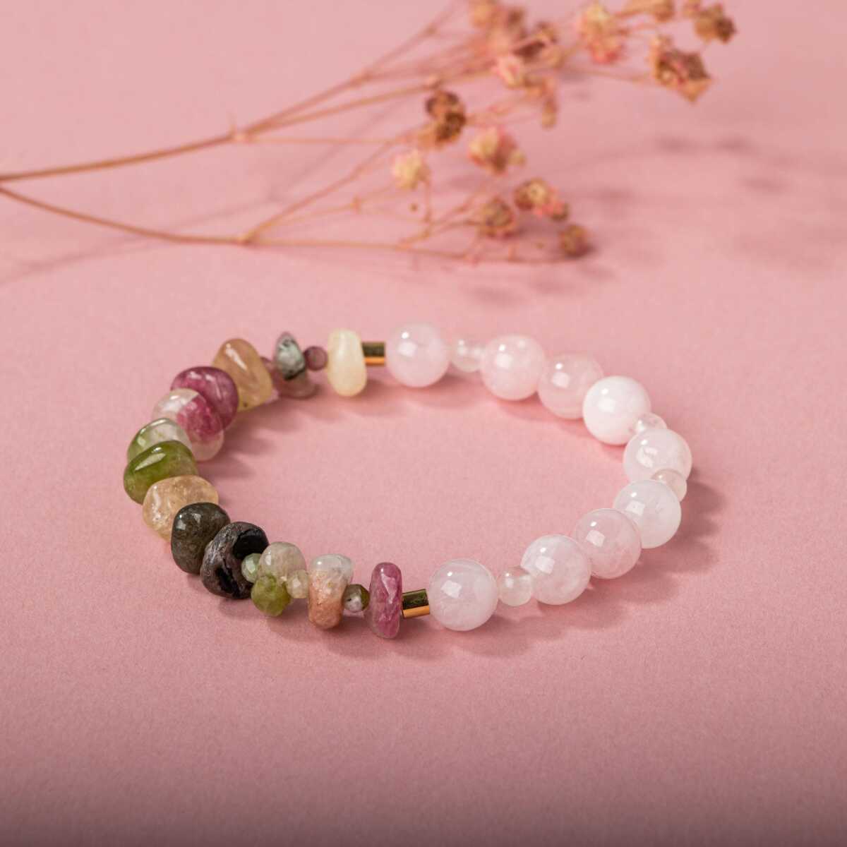 Laboratory Certified Multicolor Tourmaline & Rose Quartz Natural Stone Bracelet
