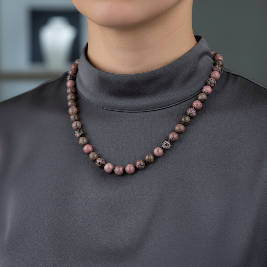 Laboratory Certified Rhodonite 8 mm Knotted Natural Stone Necklace