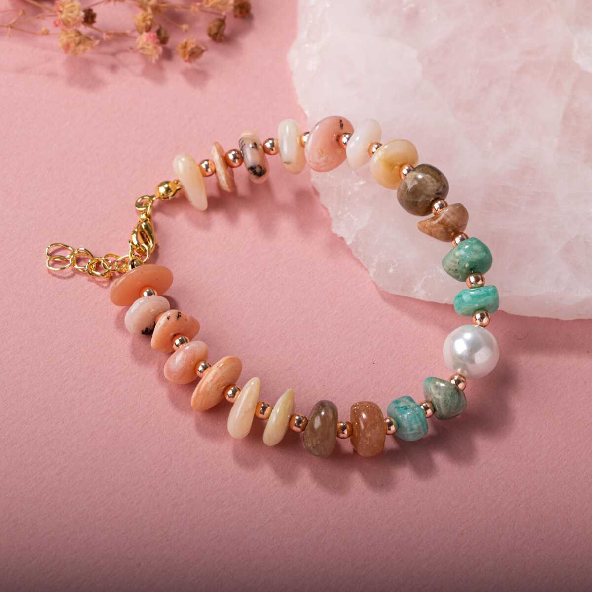 Laboratory Certified Rhodonite, Sunstone, Amazonite & Pearl Natural Stone Bracelet