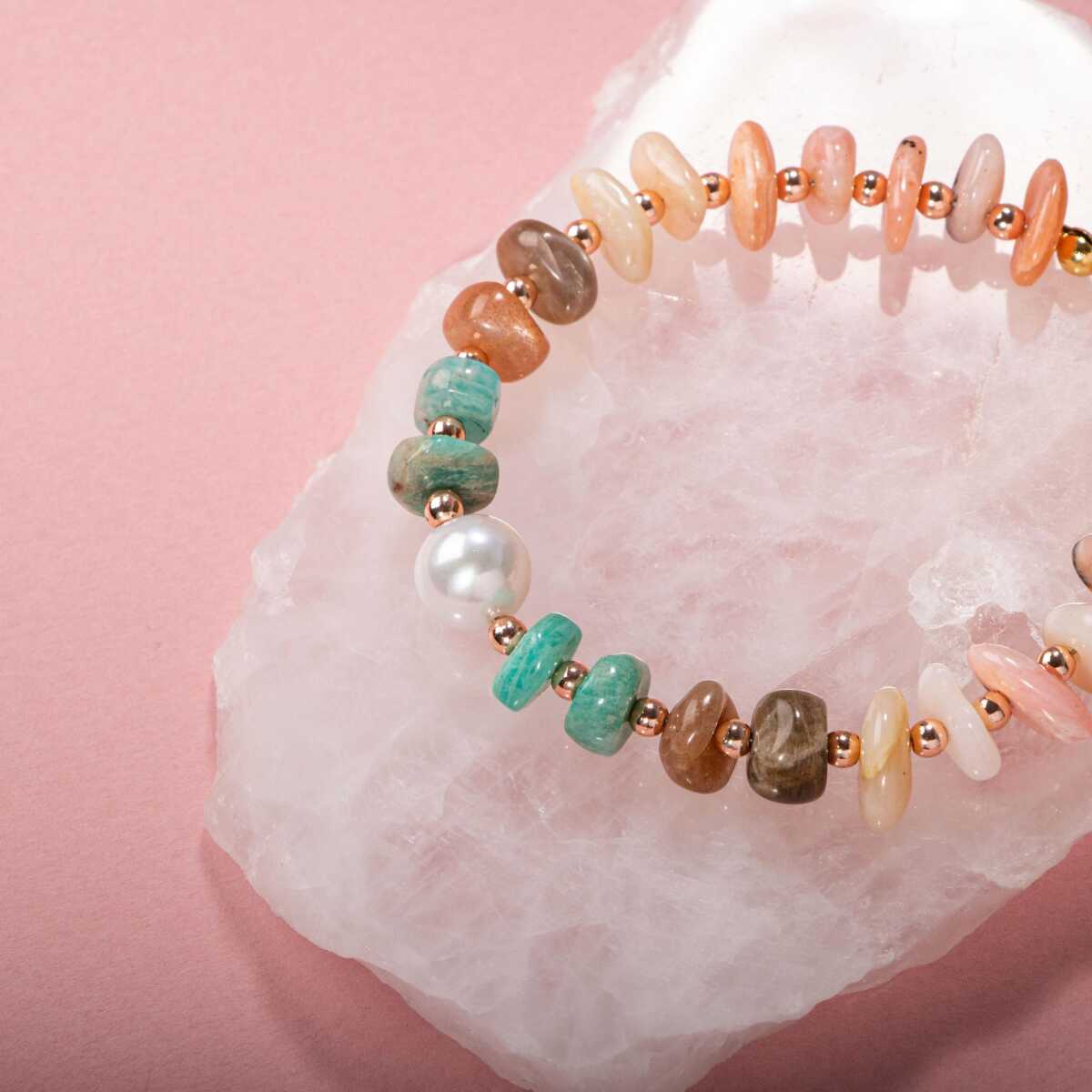 Laboratory Certified Rhodonite, Sunstone, Amazonite & Pearl Natural Stone Bracelet