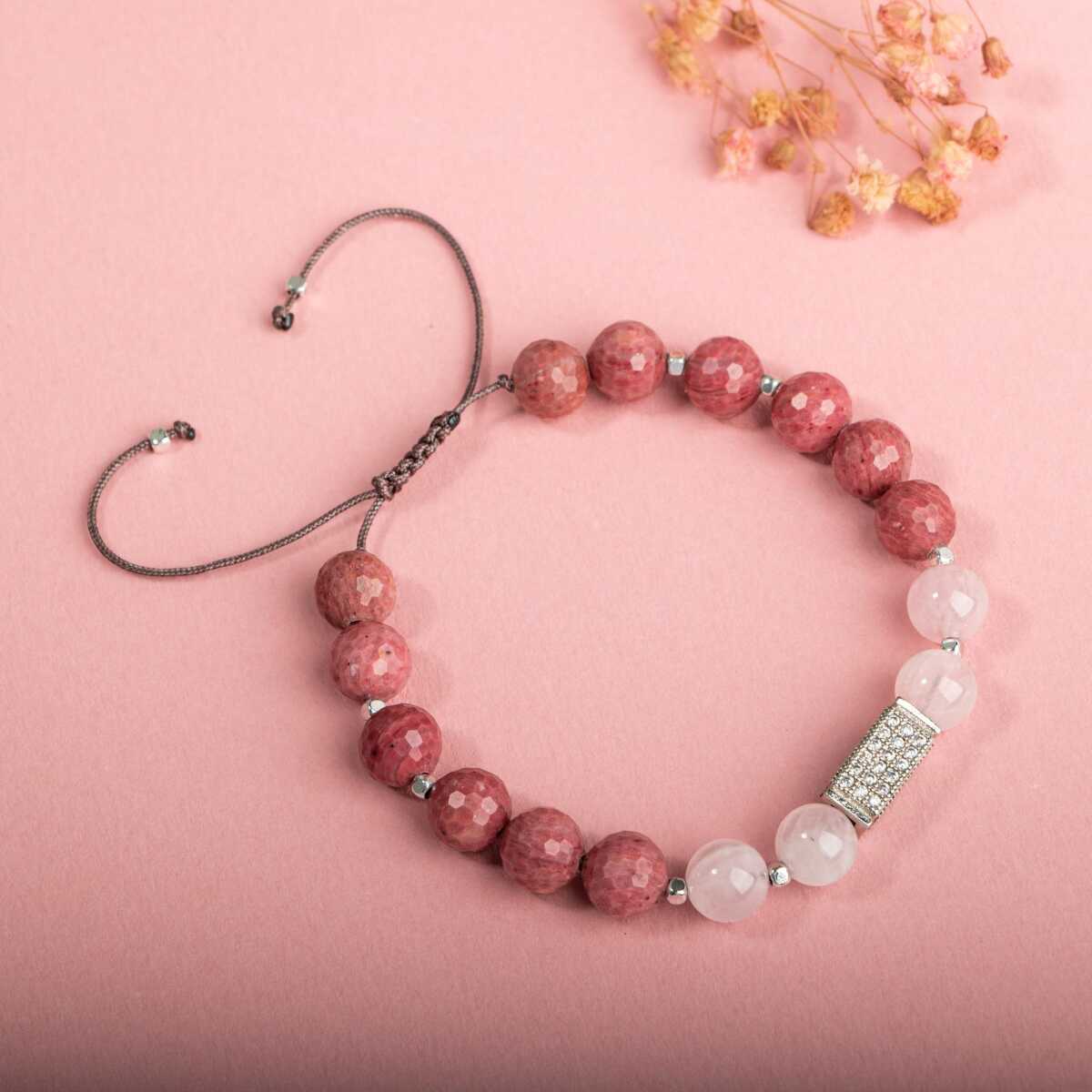 Laboratory Certified Rhodonite & Rose Quartz Natural Stone Bracelet with Zircon Accents