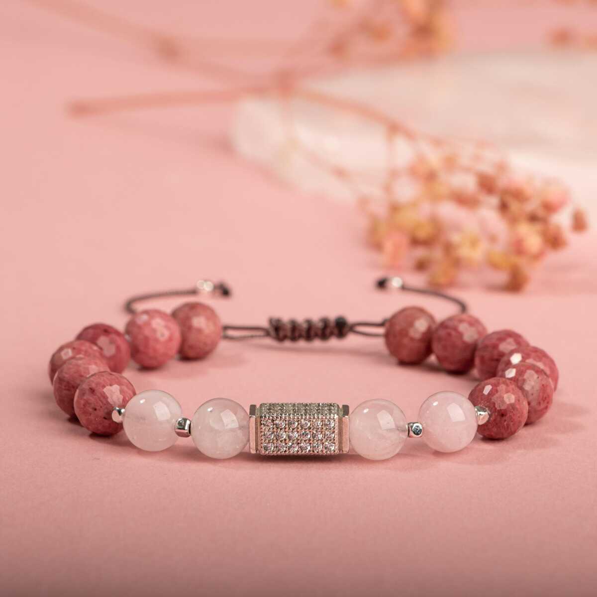 Laboratory Certified Rhodonite & Rose Quartz Natural Stone Bracelet with Zircon Accents
