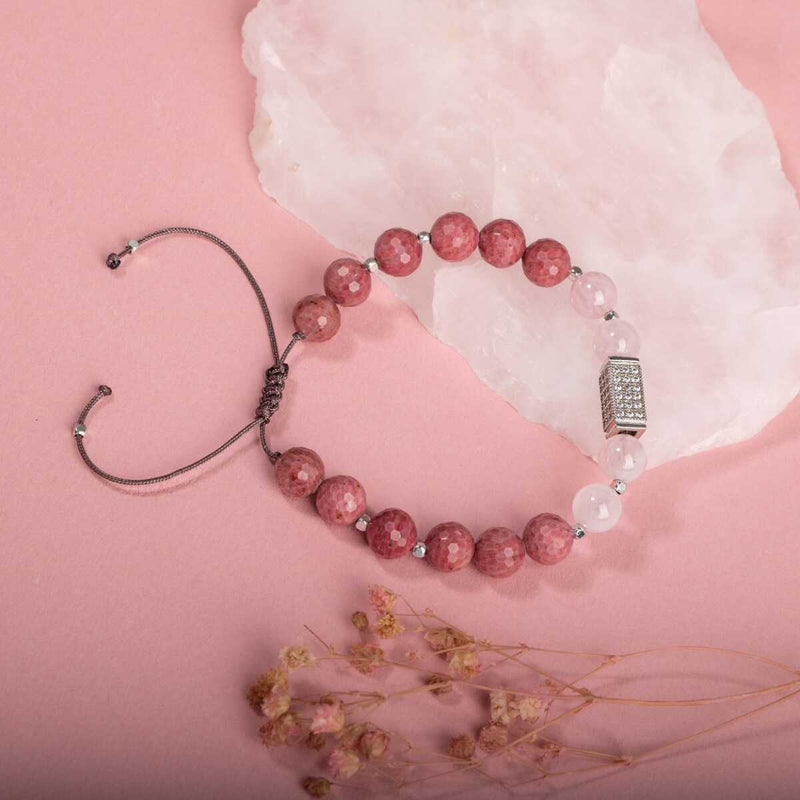 Laboratory Certified Rhodonite & Rose Quartz Natural Stone Bracelet with Zircon Accents