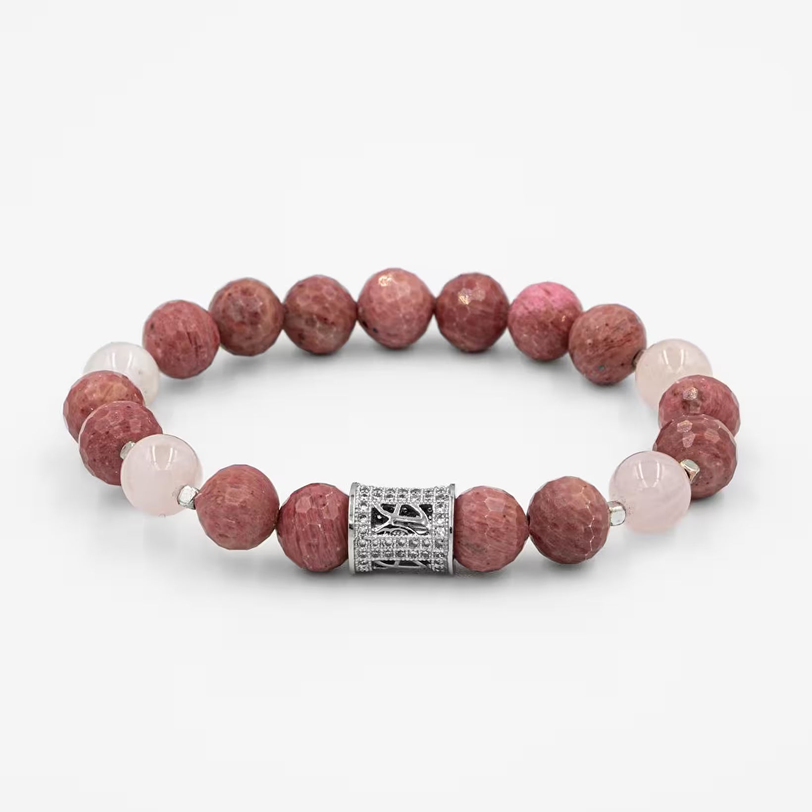 Laboratory Certified Rhodonite & Rose Quartz Natural Stone Bracelet with Zircon Silver Accents
