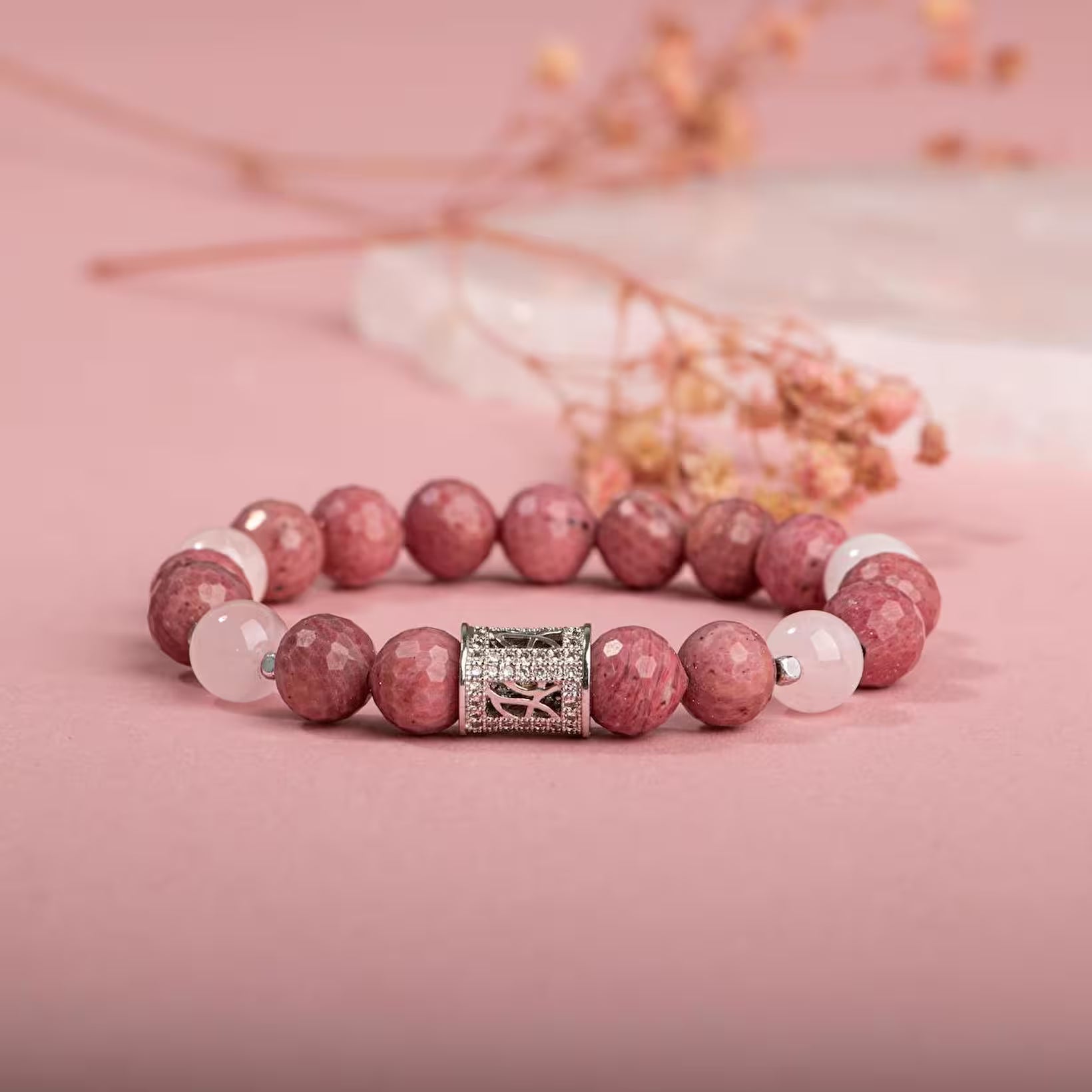 Laboratory Certified Rhodonite & Rose Quartz Natural Stone Bracelet with Zircon Silver Accents