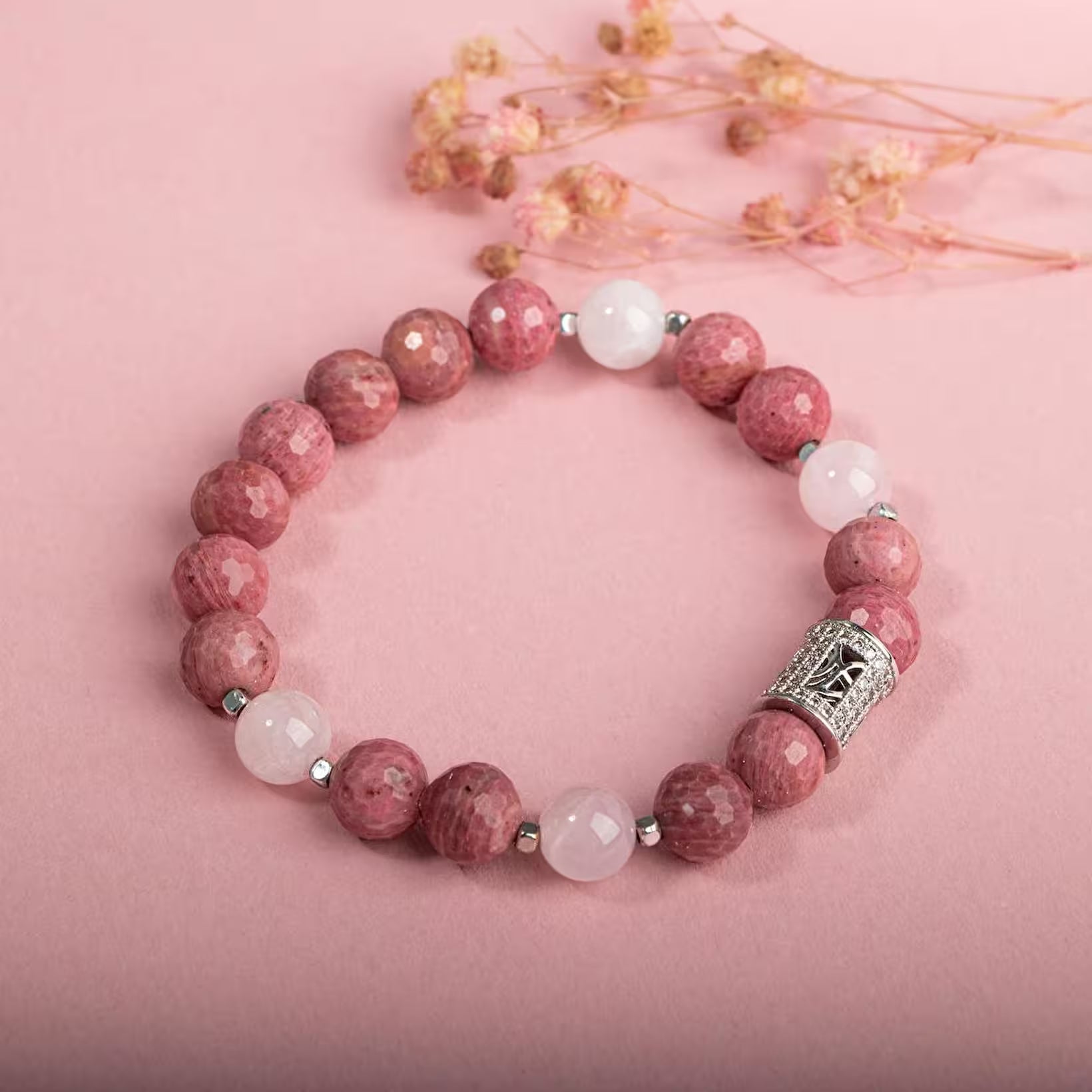 Laboratory Certified Rhodonite & Rose Quartz Natural Stone Bracelet with Zircon Silver Accents