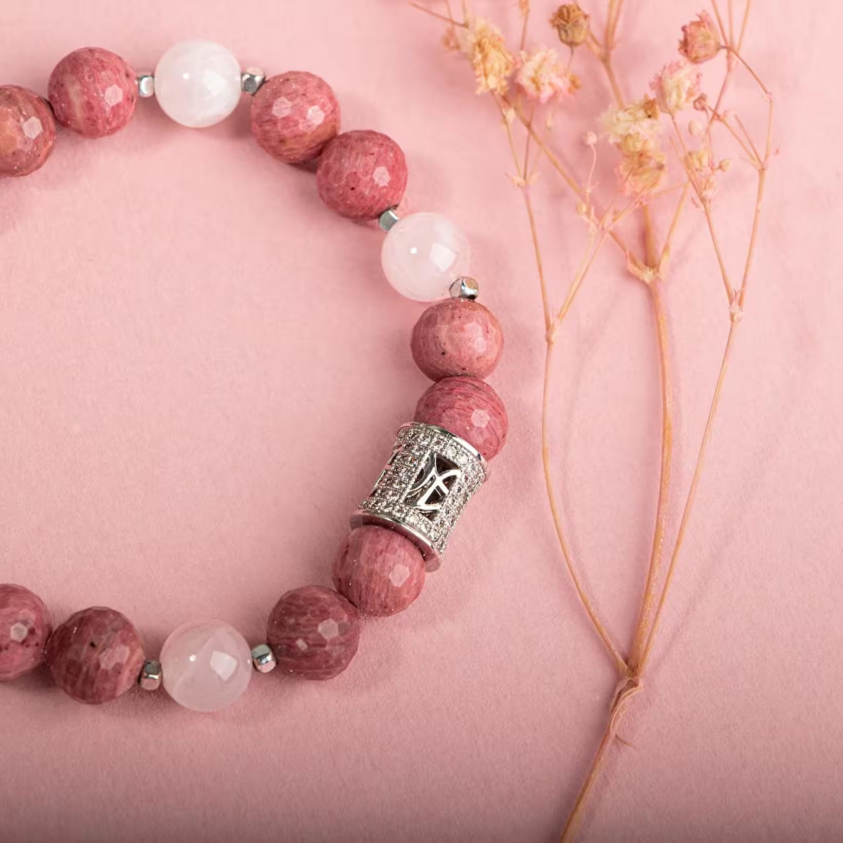 Laboratory Certified Rhodonite & Rose Quartz Natural Stone Bracelet with Zircon Silver Accents