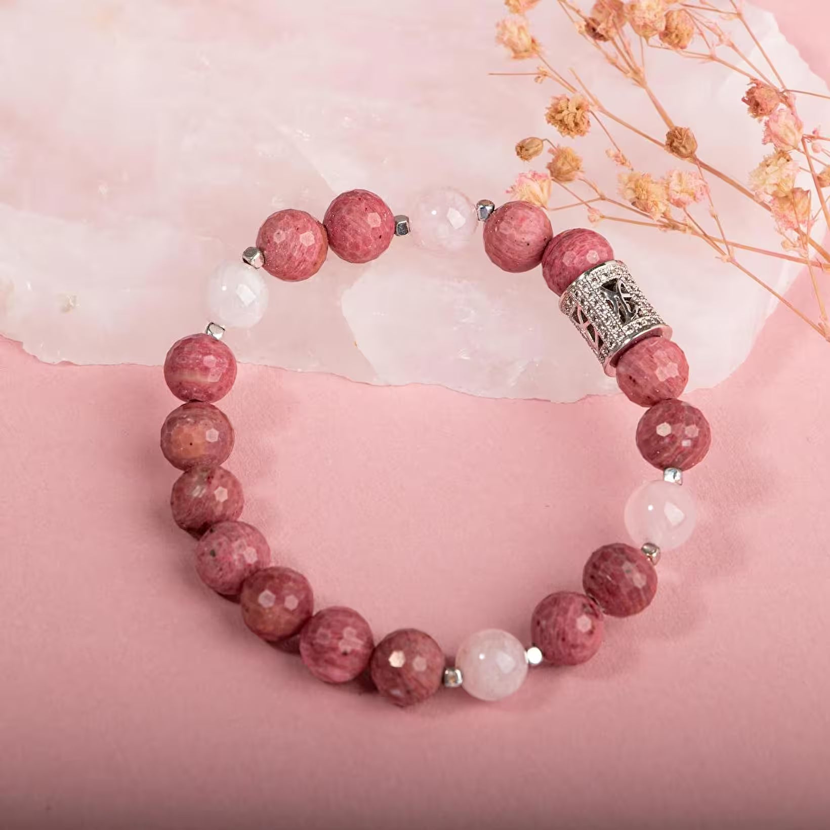 Laboratory Certified Rhodonite & Rose Quartz Natural Stone Bracelet with Zircon Silver Accents