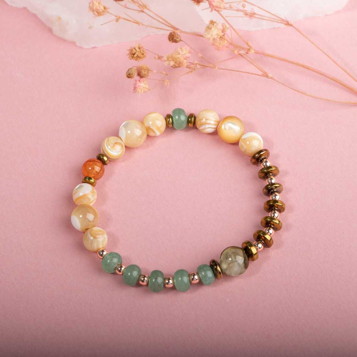 Laboratory Certified Mother of Pearl, Green Aventurine, Carnelian Agate & Prehnite Natural Stone Bracelet