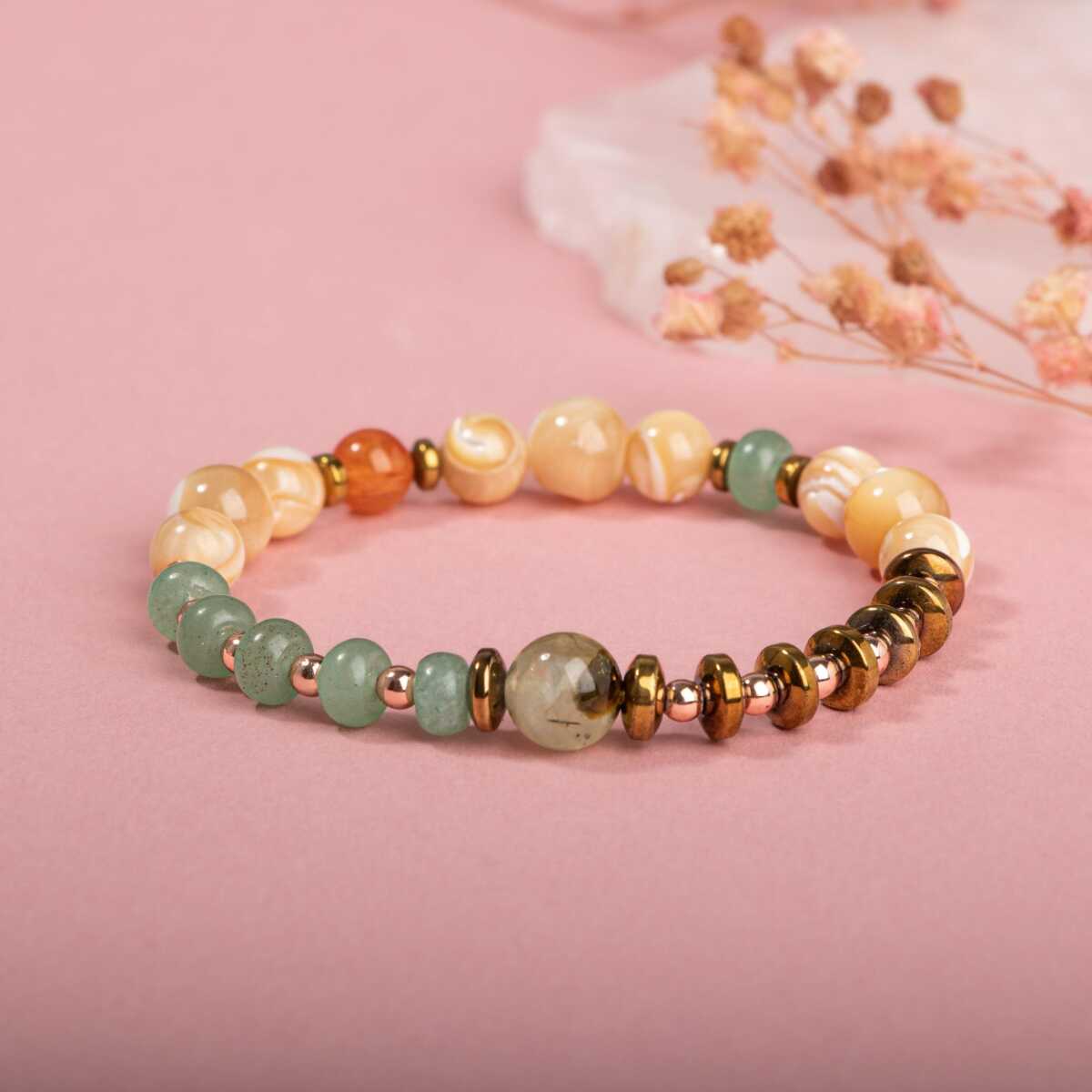 Laboratory Certified Mother of Pearl, Green Aventurine, Carnelian Agate & Prehnite Natural Stone Bracelet