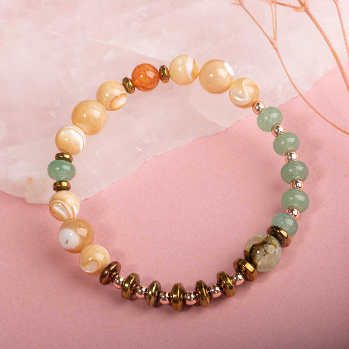 Laboratory Certified Mother of Pearl, Green Aventurine, Carnelian Agate & Prehnite Natural Stone Bracelet