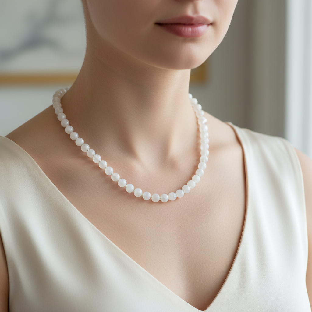 Laboratory Certified Selenite 8 mm Knotted Natural Stone Necklace