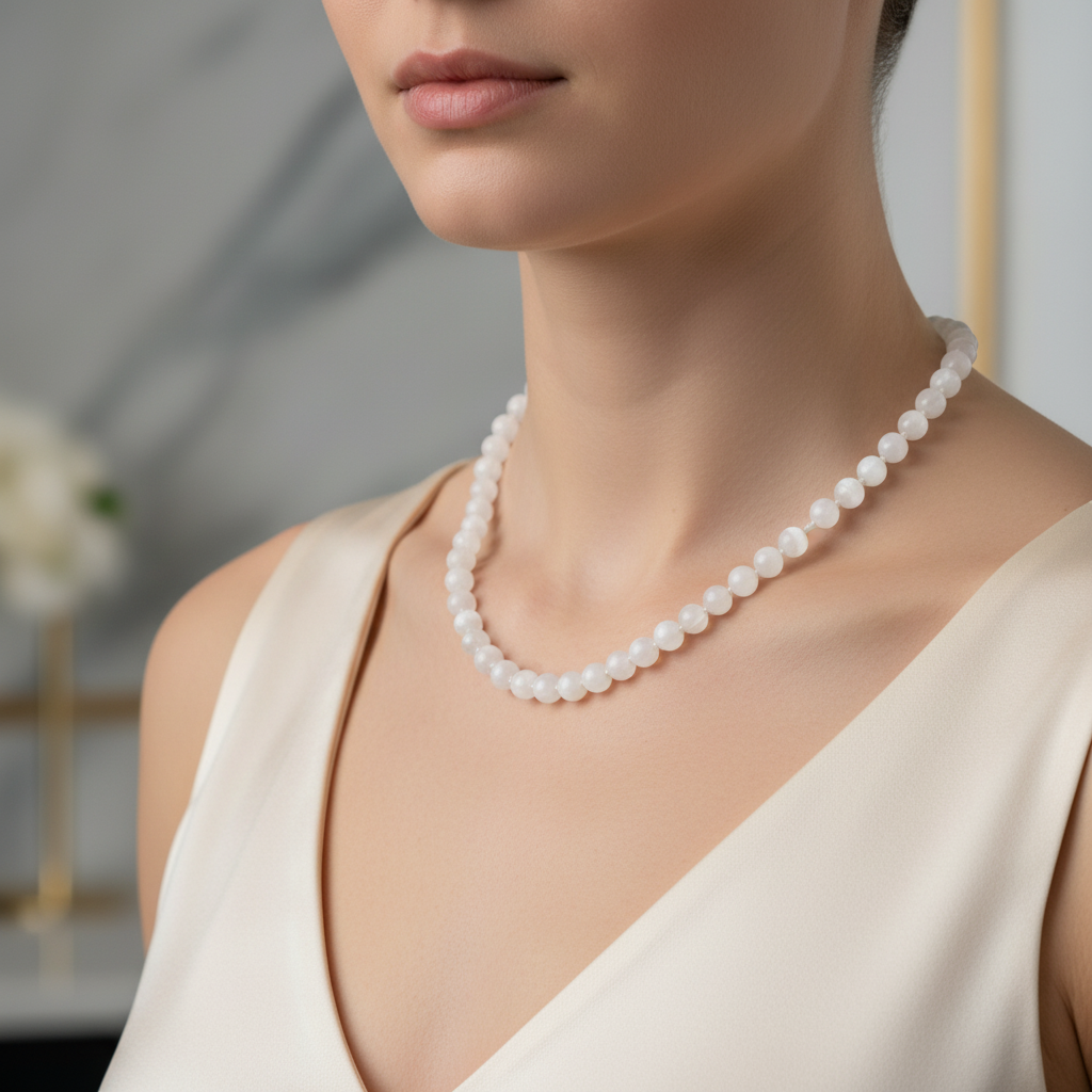 Laboratory Certified Selenite 8 mm Knotted Natural Stone Necklace