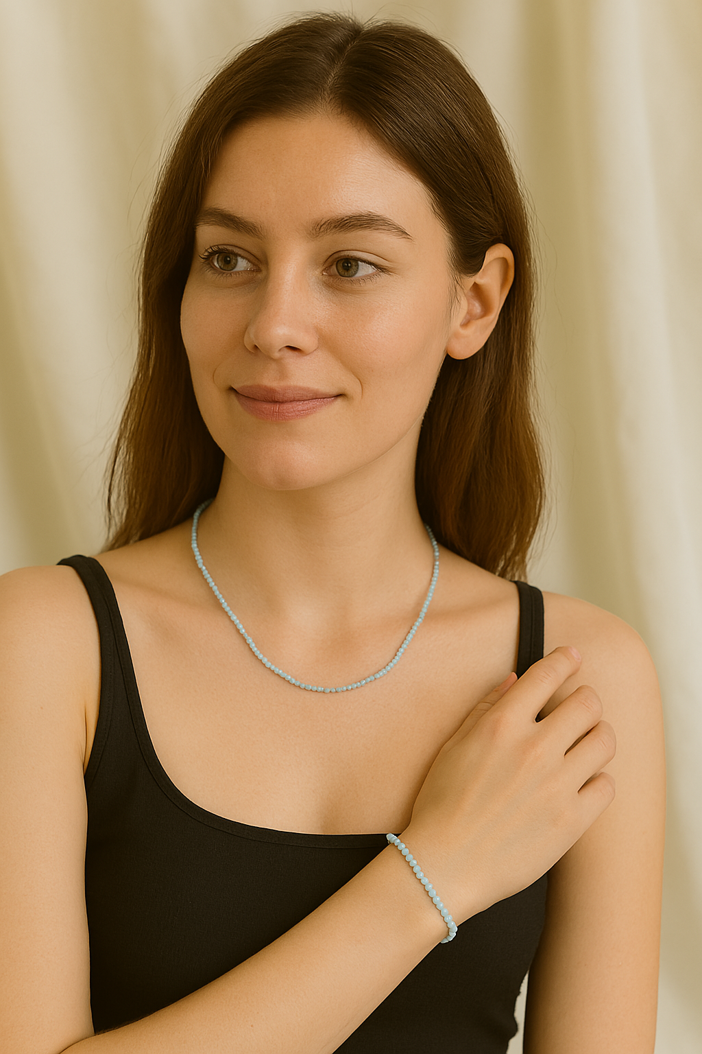 Laboratory Certified Aquamarine Natural Stone Necklace & Bracelet Set 3–4 mm