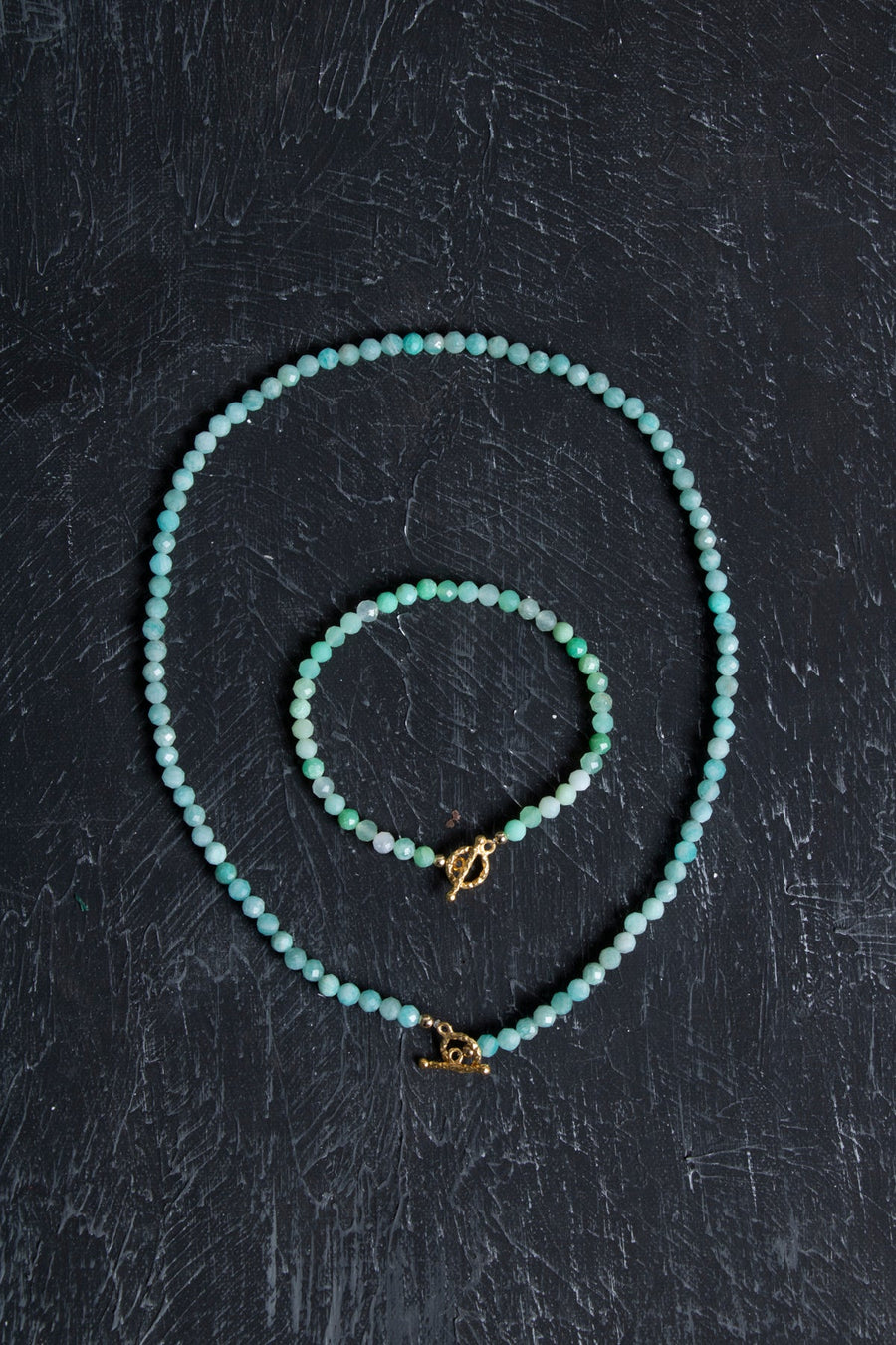 Laboratory Certified Amazonite Faceted Natural Stone Set with Gold-Plated Accents (Necklace & Bracelet)