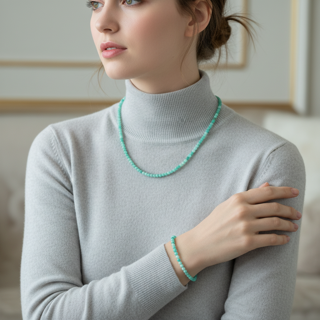 Laboratory Certified Amazonite Natural Stone Necklace & Bracelet Set 4 mm