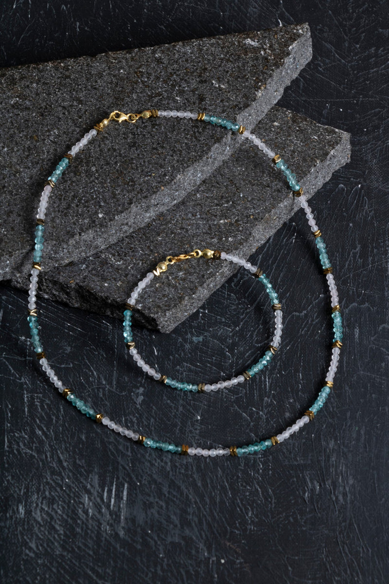 Laboratory Certified Apatite and Pink Quartz Natural Stone Set – Necklace & Bracelet Set, Unisex Simple Design