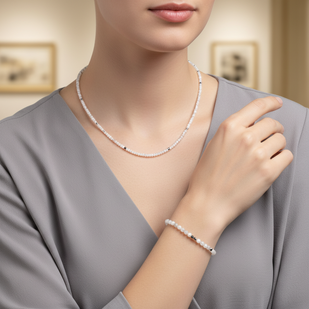 Laboratory Certified Moonstone Natural Stone Necklace & Bracelet Set 3–4 mm