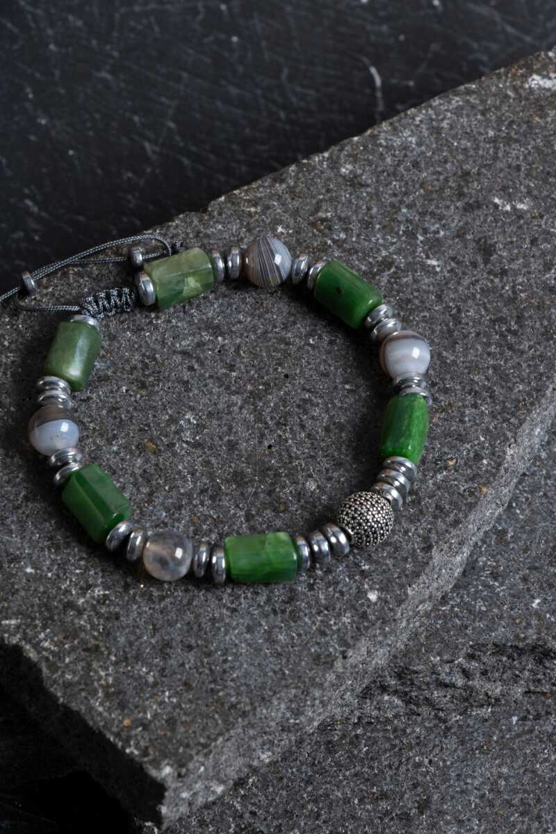 Laboratory Certified Botswana Agate Natural Stone Macramé Bracelet with Silver Accents
