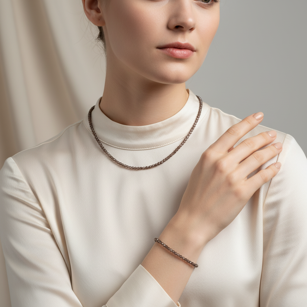 Laboratory Certified Smoky Quartz Natural Stone Necklace & Bracelet Set 3–4 mm