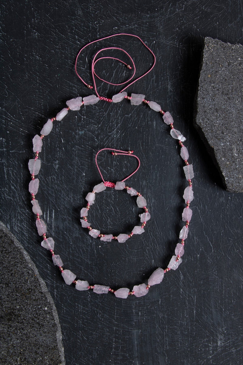 Laboratory Certified Raw Pink Quartz Natural Stone Set – Necklace & Bracelet Set, Unisex Simple Design