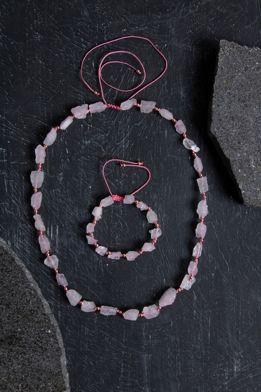 Laboratory Certified Raw Pink Quartz Natural Stone Set – Necklace & Bracelet Set, Unisex Simple Design
