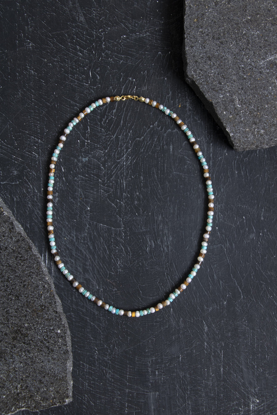 Laboratory Certified Pearl, Tiger’s Eye & Turquoise Natural Stone Necklace with 925 Sterling Silver Clasp